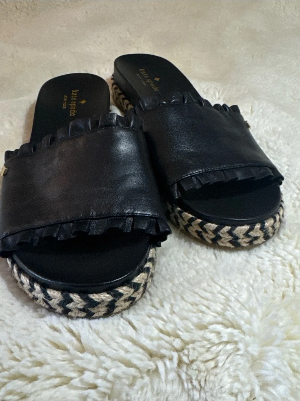 kate spade Black Leather Ruffle Espadrille Slide Sandals